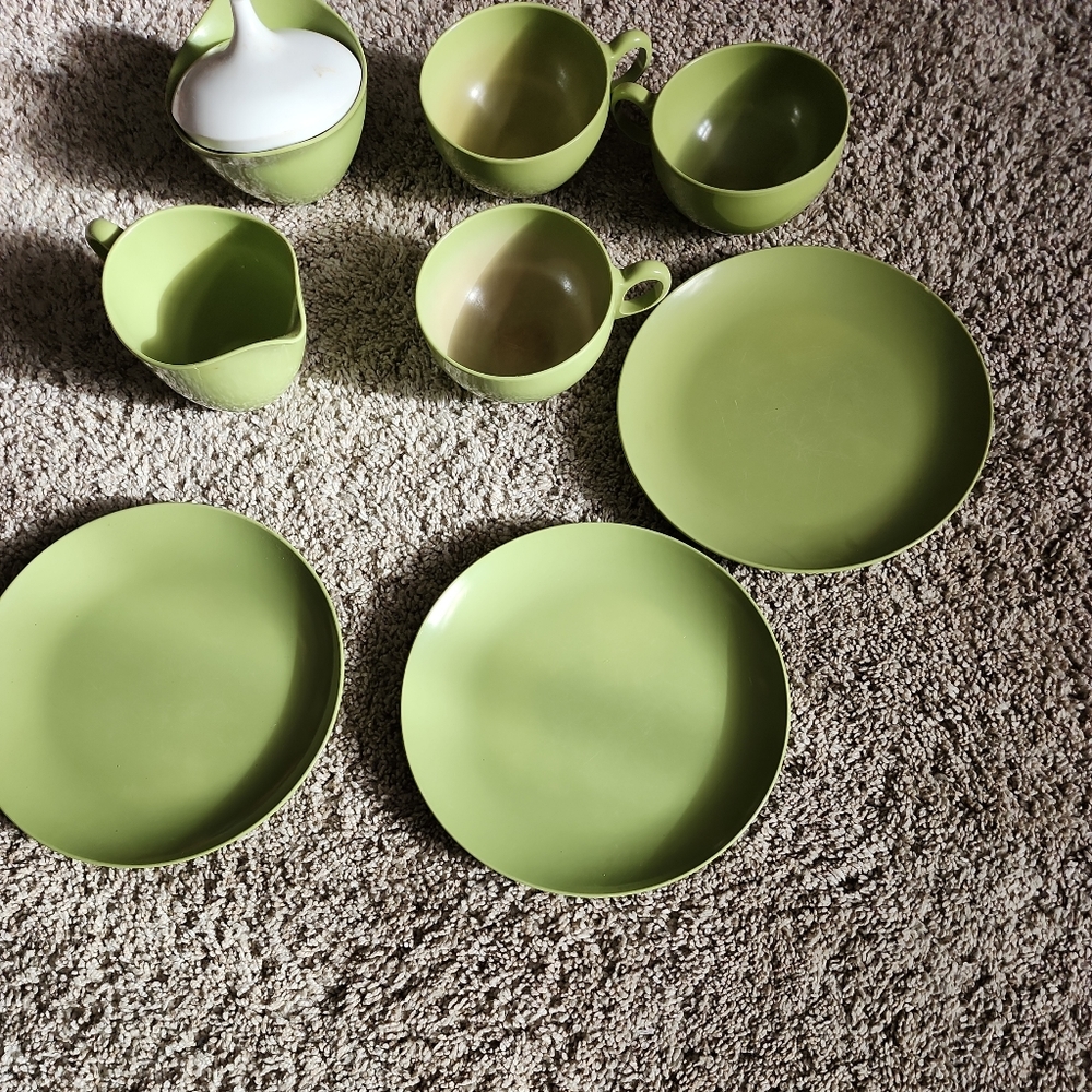 Vintage Oneida Deluxe OD Melamine Green Creamer Sugar Dish Bowl Lid MCM PLATES.